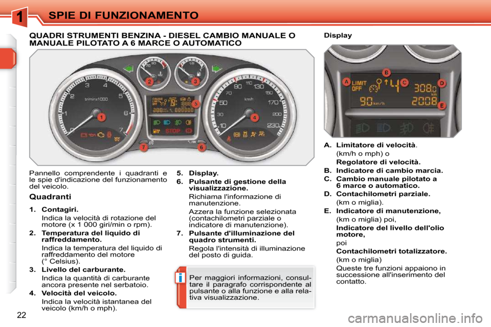 Peugeot 308 SW BL 2009.5 Manuale del proprietario (in Italian) i
22
SPIE DI FUNZIONAMENTO
QUADRI STRUMENTI BENZINA - DIESEL CAMBIO MANUALE O MANUALE PILOTATO A 6 MARCE O AUTOMATICO
Pannello comprendente i quadranti e
le spie dindicazione del funzionament Peugeot 308 SW BL 2009.5 Manuale del proprietario (in Italian) i
22
SPIE DI FUNZIONAMENTO
QUADRI STRUMENTI BENZINA - DIESEL CAMBIO MANUALE O MANUALE PILOTATO A 6 MARCE O AUTOMATICO
Pannello comprendente i quadranti e
le spie dindicazione del funzionament