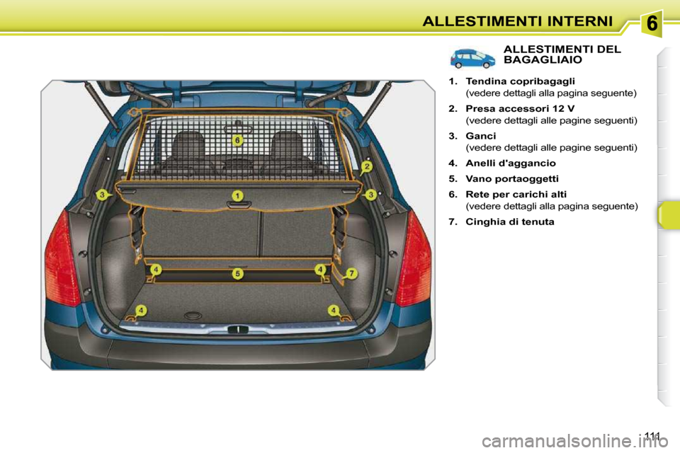Peugeot 308 SW BL 2009.5  Manuale del proprietario (in Italian) 111
ALLESTIMENTI INTERNI
ALLESTIMENTI DEL BAGAGLIAIO 
   
1.     Tendina copribagagli    
 
(vedere dettagli alla pagina seguente) 
  
2.     Presa accessori 12 V    
  (vedere dettagli alle pagine se