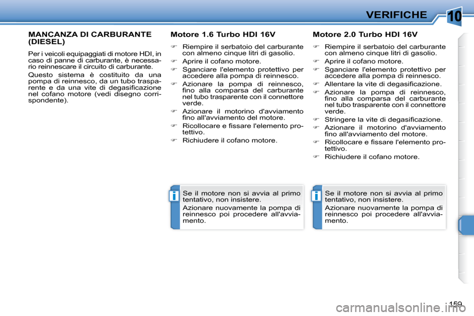 Peugeot 308 SW BL 2009.5  Manuale del proprietario (in Italian) 10
ii
159
VERIFICHE
MANCANZA DI CARBURANTE (DIESEL) 
� �P�e�r� �i� �v�e�i�c�o�l�i� �e�q�u�i�p�a�g�g�i�a�t�i� �d�i� �m�o�t�o�r�e� �H�D�I�,� �i�n�  
�c�a�s�o� �d�i� �p�a�n�n�e� �d�i� �c�a�r�b�u�r�a�n�t�