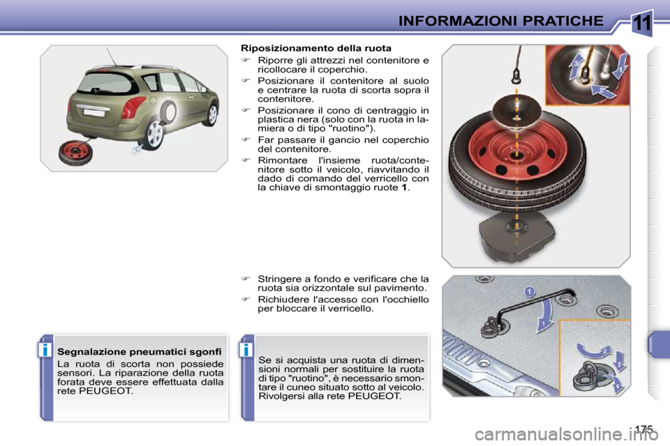 Peugeot 308 SW BL 2009.5  Manuale del proprietario (in Italian) 11
ii
175
INFORMAZIONI PRATICHE
� � �S�e�g�n�a�l�a�z�i�o�n�e� �p�n�e�u�m�a�t�i�c�i� �s�g�o�n�ﬁ� �  
 La  ruota  di  scorta  non  possiede  
sensori.  La  riparazione  della  ruota 
forata  deve  ess