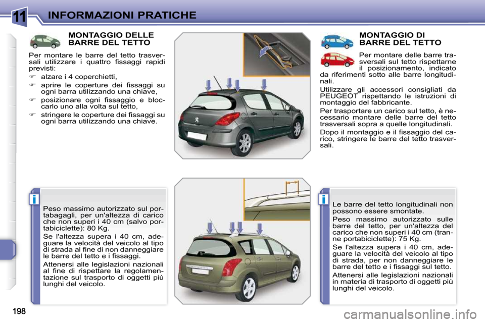Peugeot 308 SW BL 2009.5  Manuale del proprietario (in Italian) 11
ii
INFORMAZIONI PRATICHE
MONTAGGIO DELLE BARRE DEL TETTO 
 Peso massimo autorizzato sul por- 
tabagagli,  per  unaltezza  di  carico 
che  non  superi  i  40  cm  (salvo  por-
tabiciclette): 80 Kg