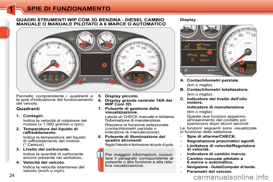 Peugeot 308 SW BL 2009.5  Manuale del proprietario (in Italian) i
24
SPIE DI FUNZIONAMENTO
             QUADRI STRUMENTI WIP COM 3D BENZINA - DIESEL CAMBIO MANUALE O MANUALE PILOTATO A 6 MARCE O AUTOMATICO 
  Quadranti  
   
1.     Contagiri.    
  Indica la veloc