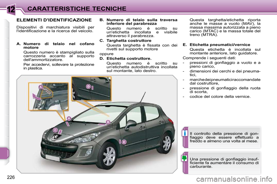 Peugeot 308 SW BL 2009.5  Manuale del proprietario (in Italian) 12
i
226
CARATTERISTICHE TECNICHE
ELEMENTI DIDENTIFICAZIONE 
 Dispositivi  di  marchiatura  visibili  per  
�l��i�d�e�n�t�i�ﬁ� �c�a�z�i�o�n�e� �e� �l�a� �r�i�c�e�r�c�a� �d�e�l� �v�e�i�c�o�l�o�.� �