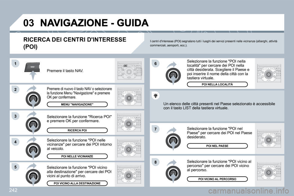 Peugeot 308 SW BL 2009.5  Manuale del proprietario (in Italian) 242
NAV
�0�3
�1
�2
3
�4
�7
�8�5
�6
  RICERCA DEI CENTRI DINTERESSE 
(POI) 
� � �P�r�e�m�e�r�e� �i�l� �t�a�s�t�o� �N�A�V�.� � 
� � �P�r�e�m�e�r�e� �d�i� �n�u�o�v�o� �i�l� �t�a�s�t�o� �N�A�V� �o� �s�e�