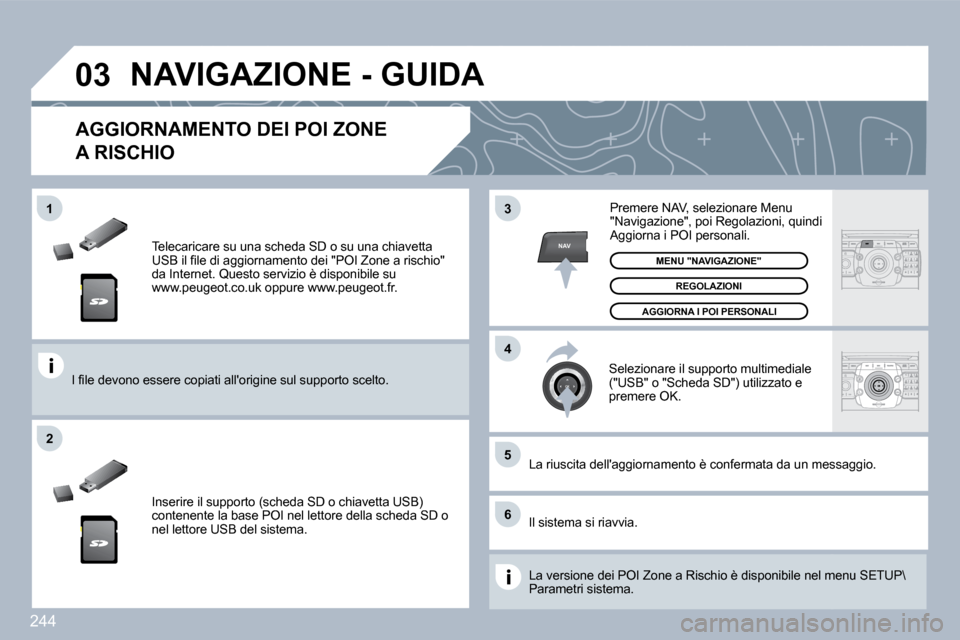 Peugeot 308 SW BL 2009.5  Manuale del proprietario (in Italian) 244
�0�3
�5
�6
3
�4
�2
NAV
�1
  Telecaricare su una scheda SD o su una chiavetta �U�S�B� �i�l� �ﬁ� �l�e� �d�i� �a�g�g�i�o�r�n�a�m�e�n�t�o� �d�e�i� �"�P�O�I� �Z�o�n�e� �a� �r�i�s�c�h�i�o�"� da Intern
