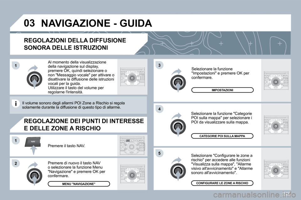 Peugeot 308 SW BL 2009.5  Manuale del proprietario (in Italian) 245
�0�3
�5
3
�4
NAV�1
�2
�1
  REGOLAZIONI DELLA DIFFUSIONE 
SONORA DELLE ISTRUZIONI 
� � �S�e�l�e�z�i�o�n�a�r�e� �"�C�o�n�ﬁ� �g�u�r�a�r�e� �l�e� �z�o�n�e� �a� rischio" per accedere alle funzioni "V