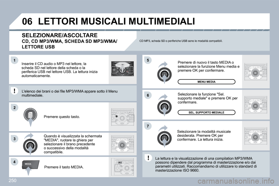 Peugeot 308 SW BL 2009.5  Manuale del proprietario (in Italian) 250
�4
�5
�6
�2
�7
3
�1
MEDIA
�0�6
2
ABC 3
DEF
5
JKL
4
GHI 6
MNO
8
TUV
7
PQRS 9
WXYZ
0
* #
1
RADIO MEDIA
NAV ESC TRAFFIC
SETUP
ADDRBOOK
  SELEZIONARE/ASCOLTARE  
�C�D�,� �C�D� �M�P�3�/�W�M�A�,� �S�C�H