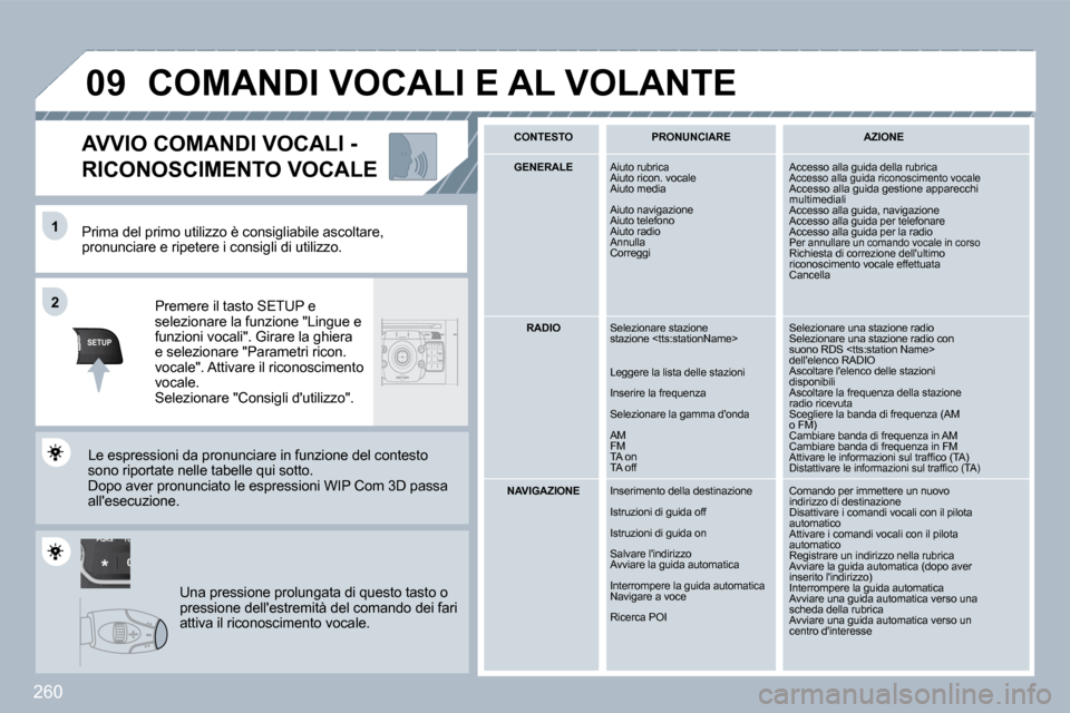 Peugeot 308 SW BL 2009.5  Manuale del proprietario (in Italian) 260
TU
PQRS
0
*
�1�1
SETUP
�2�2
�0�9
  Prima del primo utilizzo è consigliabile ascoltar e, pronunciare e ripetere i consigli di utilizzo.  
  Premere il tasto SETUP e selezionare la funzione "Lingue