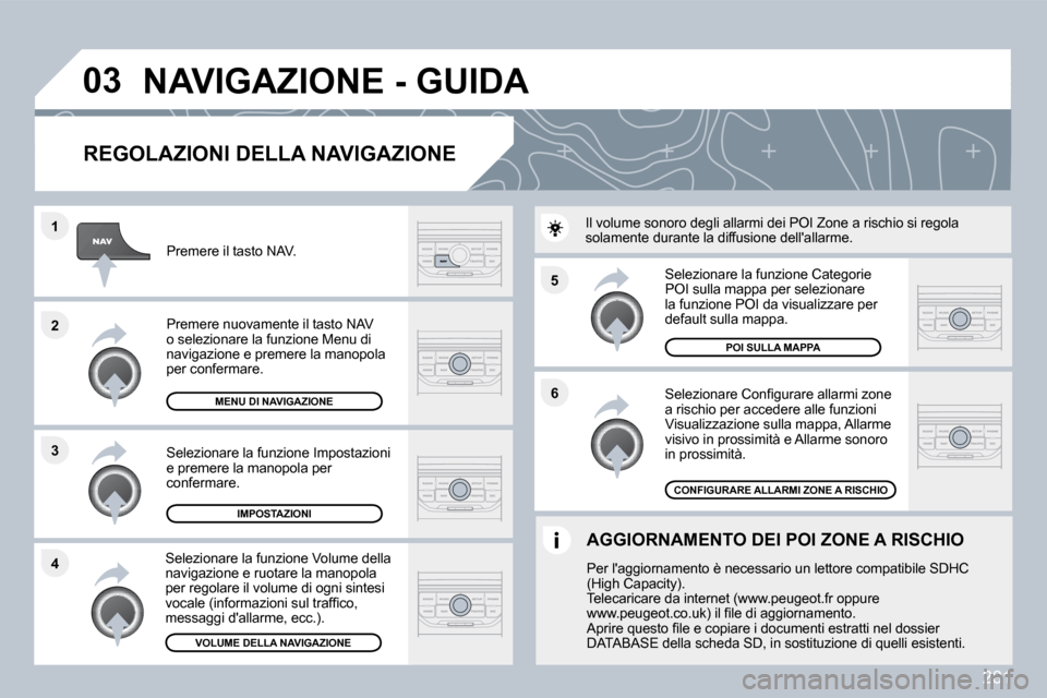 Peugeot 308 SW BL 2009.5  Manuale del proprietario (in Italian) 281
�5 
�6
�3
�2
�1
�4
�0�3
� � �R�E�G�O�L�A�Z�I�O�N�I� �D�E�L�L�A� �N�A�V�I�G�A�Z�I�O�N�E� 
� � �S�e�l�e�z�i�o�n�a�r�e� �C�o�n�ﬁ� �g�u�r�a�r�e� �a�l�l�a�r�m�i� �z�o�n�e� a rischio per accedere alle