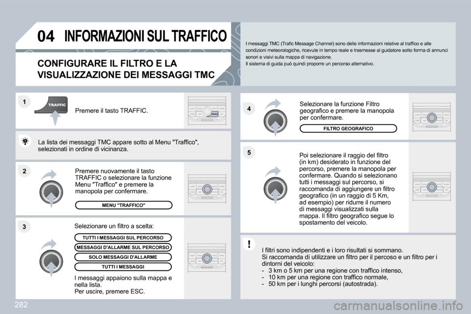 Peugeot 308 SW BL 2009.5  Manuale del proprietario (in Italian) 282
�2
�1
�3 �4
�5
�0�4�I�N�F�O�R�M�A�Z�I�O�N�I� �S�U�L� �T�R�A�F�F�I�C�O
�C�O�N�F�I�G�U�R�A�R�E� �I�L� �F�I�L�T�R�O� �E� �L�A� 
�V�I�S�U�A�L�I�Z�Z�A�Z�I�O�N�E� �D�E�I� �M�E�S�S�A�G�G�I� �T�M�C� 
� � 