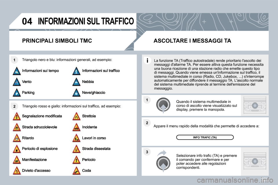 Peugeot 308 SW BL 2009.5  Manuale del proprietario (in Italian) 283
�0�4
�2
�1
�3
�2
�1
�I�N�F�O�R�M�A�Z�I�O�N�I� �S�U�L� �T�R�A�F�F�I�C�O
�P�R�I�N�C�I�P�A�L�I� �S�I�M�B�O�L�I� �T�M�C� 
� � �T�r�i�a�n�g�o�l�o� �r�o�s�s�o� �e� �g�i�a�l�l�o�:� �i�n�f�o�r�m�a�z�i�o�n