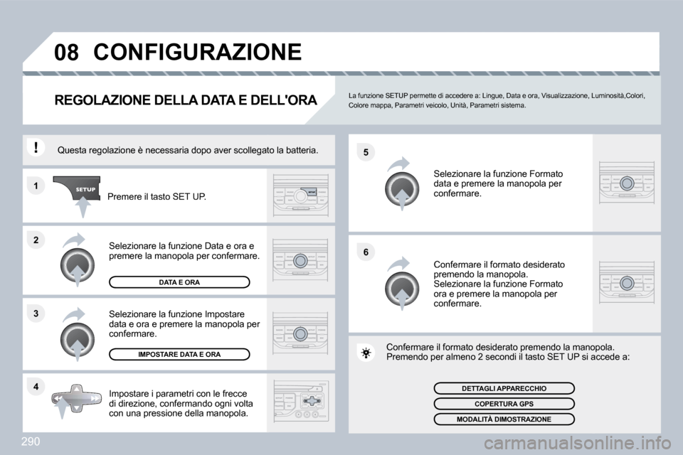 Peugeot 308 SW BL 2009.5  Manuale del proprietario (in Italian) 290
�4
�3
�2
�1
�6
�5
�0�8� �C�O�N�F�I�G�U�R�A�Z�I�O�N�E� 
�R�E�G�O�L�A�Z�I�O�N�E� �D�E�L�L�A� �D�A�T�A� �E� �D�E�L�L��O�R�A�   La funzione SETUP permette di accedere a: Lingue,
 Data e ora, Visualiz