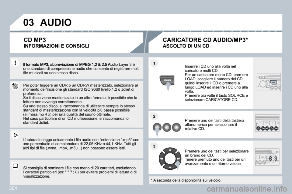Peugeot 308 SW BL 2009.5  Manuale del proprietario (in Italian) 304
�0�3
�1�1
�2�2
�3�3
 Audio Layer 3 è uno standard di compressione audio che consente di ree di registrare molti �ﬁ� �l�e� �m�u�s�i�c�a�l�i� �s�u� �u�n�o� �s�t�e�s�s�o� �d�i�s�c�o�.� � 
  Per po