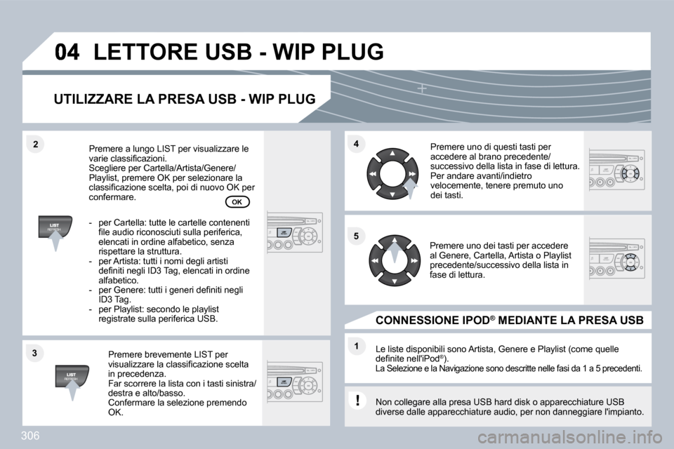 Peugeot 308 SW BL 2009.5  Manuale del proprietario (in Italian) 306
�3�3
�4�4
�1�1
�5�5
�2�2
� �L�E�T�T�O�R�E� �U�S�B� �-� �W�I�P� �P�L�U�G� 
� � �U�T�I�L�I�Z�Z�A�R�E� �L�A� �P�R�E�S�A� �U�S�B� �-� �W�I�P� �P�L�U�G� 
  Premere brevemente LIST per �v�i�s�u�a�l�i�z�