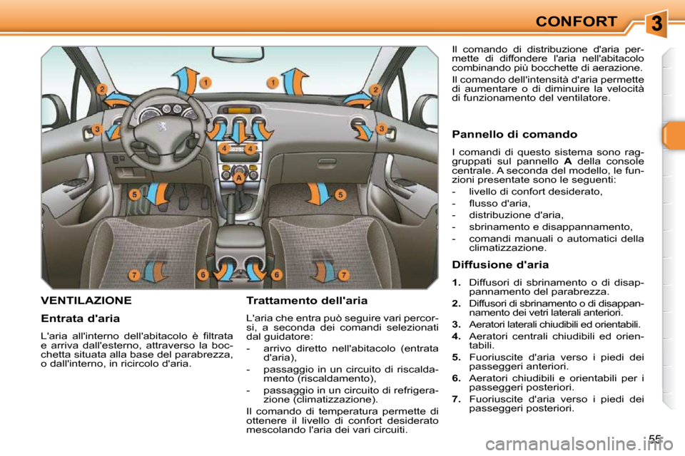 Peugeot 308 SW BL 2009.5  Manuale del proprietario (in Italian) 55
CONFORT
VENTILAZIONE   Trattamento dellaria  
 Laria che entra può seguire vari percor- 
si,  a  seconda  dei  comandi  selezionati 
dal guidatore:  
   -   arrivo  diretto  nellabitacolo  (ent
