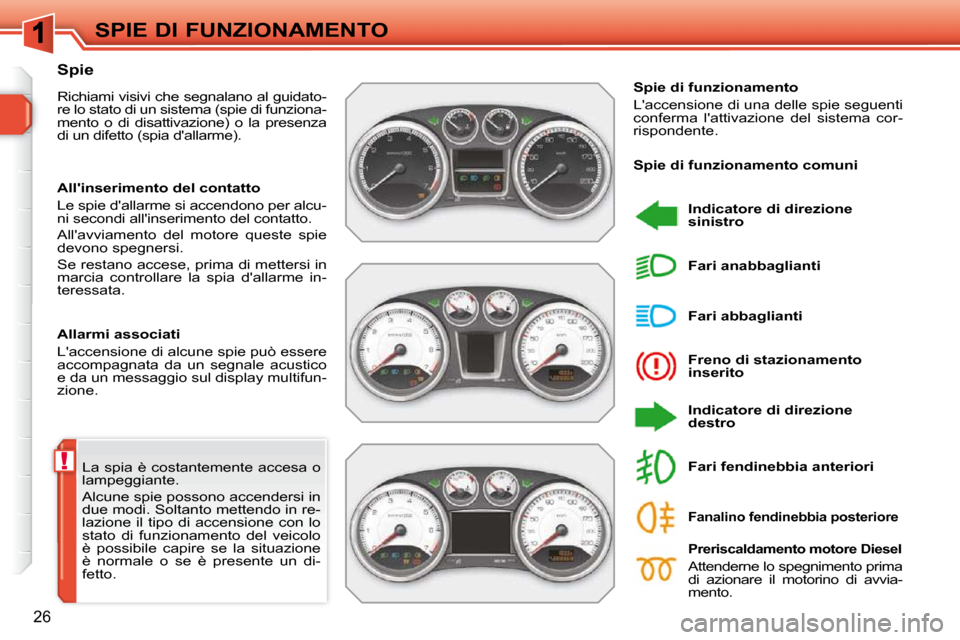 Peugeot 308 SW BL 2009.5 Manuale del proprietario (in Italian) !
26
SPIE DI FUNZIONAMENTO
La spia è costantemente accesa o
lampeggiante.
Alcune spie possono accendersi in
due modi. Soltanto mettendo in re-
lazione il tipo di accensione con lo
stato d Peugeot 308 SW BL 2009.5 Manuale del proprietario (in Italian) !
26
SPIE DI FUNZIONAMENTO
La spia è costantemente accesa o
lampeggiante.
Alcune spie possono accendersi in
due modi. Soltanto mettendo in re-
lazione il tipo di accensione con lo
stato d