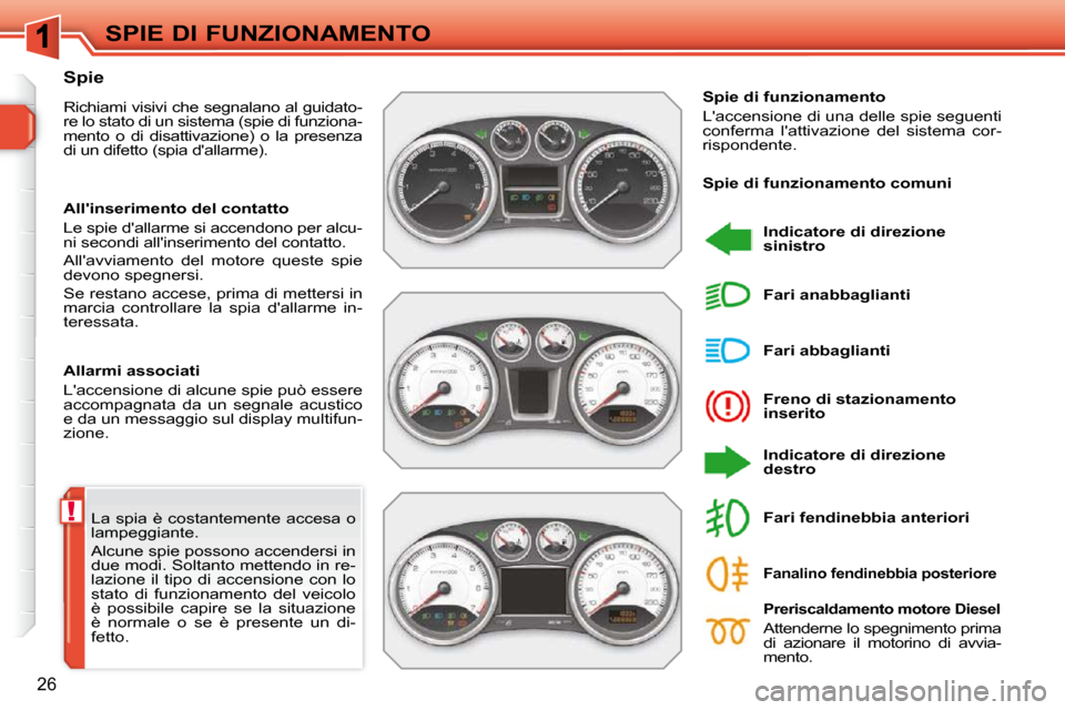 Peugeot 308 SW BL 2009.5  Manuale del proprietario (in Italian) !
26
SPIE DI FUNZIONAMENTO
 La spia è costantemente accesa o  
lampeggiante.  
 Alcune spie possono accendersi in  
due modi. Soltanto mettendo in re-
lazione  il tipo di accensione  con lo 
stato  d