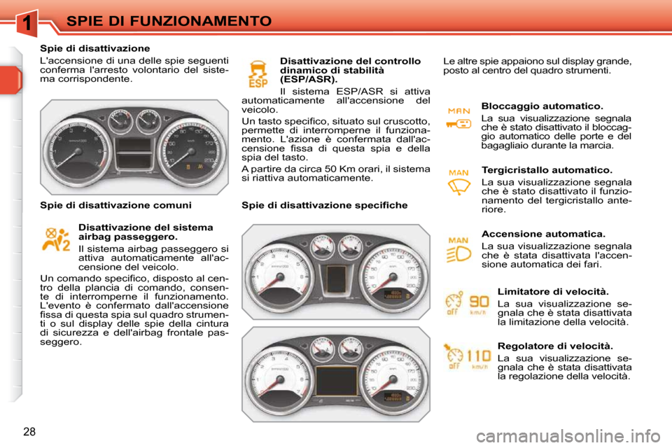 Peugeot 308 SW BL 2009.5  Manuale del proprietario (in Italian) 28
SPIE DI FUNZIONAMENTO
   Spie di disattivazione  
 Laccensione di una delle spie seguenti  
conferma  larresto  volontario  del  siste-
ma corrispondente.    
  Disattivazione del sistema 
airbag