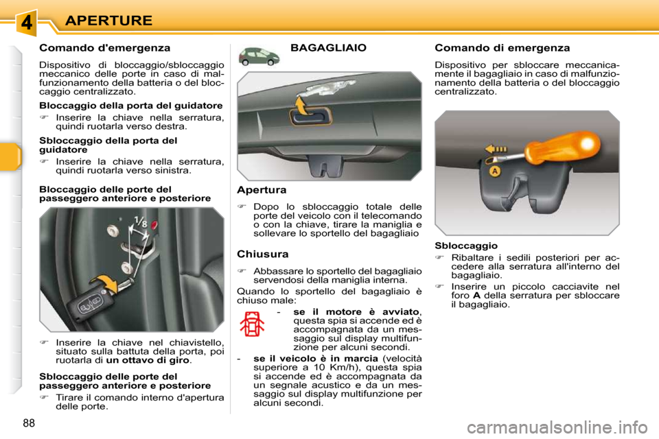 Peugeot 308 SW BL 2009.5  Manuale del proprietario (in Italian) 88
APERTURE
       Comando demergenza  
 Dispositivo  di  bloccaggio/sbloccaggio  
meccanico  delle  porte  in  caso  di  mal-
funzionamento della batteria o del bloc-
caggio centralizzato.  
   
�