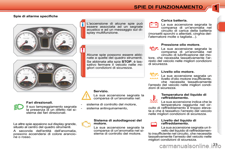 Peugeot 308 SW BL 2009.5  Manuale del proprietario (in Italian) i
!
31
SPIE DI FUNZIONAMENTO
 Laccensione  di  alcune  spie  può  
essere  associata  ad  un  segnale 
acustico e ad un messaggio sul di-
splay multifunzione. 
� � � �S�p�i�e� �d�i� �a�l�l�a�r�m�e� 
