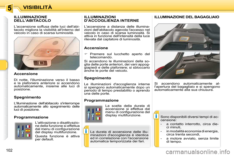 Peugeot 308 SW BL 2009.5  Manuale del proprietario (in Italian) i
i
102
VISIBILITÀ
       ILLUMINAZIONE DELLABITACOLO 
 Laccensione  soffusa  delle  luci  dellabi- 
tacolo migliora la visibilità allinterno del 
veicolo in caso di scarsa luminosità.  Sono di