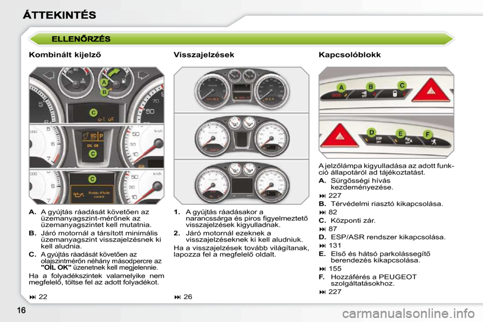 Peugeot 308 SW BL 2009.5  Kezelési útmutató (in Hungarian) � � �K�o�m�b�i�n�á�l�t� �k�i�j�e�l�z5�   Kapcsolóblokk 
   
A. � �  �A� �g�y�ú�j�t�á�s� �r�á�a�d�á�s�á�t� �k�ö�v�e�t5�e�n� �a�z� 
�ü�z�e�m�a�n�y�a�g�s�z�i�n�t�-�m�é�r5�n�e�k� �a�z�  
�ü�