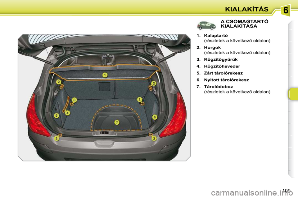 Peugeot 308 SW BL 2009.5  Kezelési útmutató (in Hungarian) 109
KIALAKÍTÁS
� � � � � � � � � � � � � �A� �C�S�O�M�A�G�T�A�R�T�Ó� KIALAKÍTÁSA 
    
1.     Kalaptartó    
�  �(�r�é�s�z�l�e�t�e�k� �a� �k�ö�v�e�t�k�e�z5� �o�l�d�a�l�o�n�)�  
  
2.     Horg