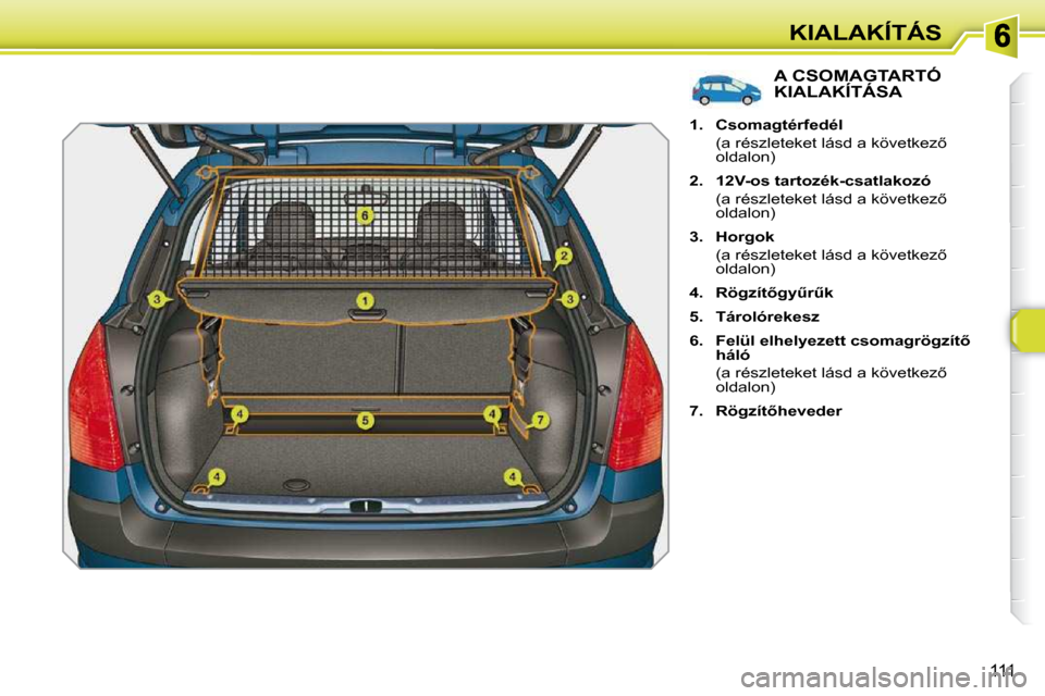 Peugeot 308 SW BL 2009.5  Kezelési útmutató (in Hungarian) 111
KIALAKÍTÁS
� � � � � � � � � � � � � �A� �C�S�O�M�A�G�T�A�R�T�Ó� KIALAKÍTÁSA 
   
1.     �C�s�o�m�a�g�t�é�r�f�e�d�é�l    
�  �(�a� �r�é�s�z�l�e�t�e�k�e�t� �l�á�s�d� �a� �k�ö�v�e�t�k�e�z