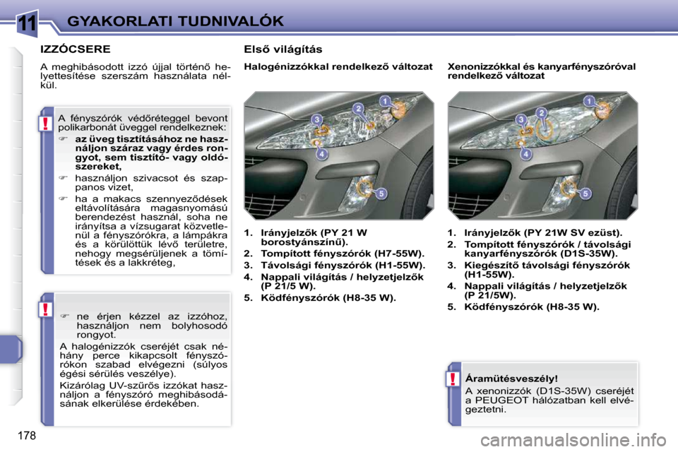 Peugeot 308 SW BL 2009.5  Kezelési útmutató (in Hungarian) 11
!
!
!
178
GYAKORLATI TUDNIVALÓK  Áramütésveszély!  
 A  xenonizzók  (D1S-35W)  cseréjét  
a  PEUGEOT  hálózatban  kell  elvé-
geztetni.   
         IZZÓCSERE 
� �A�  �m�e�g�h�i�b�á�s�o