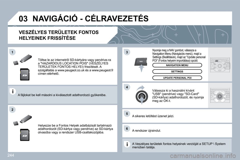 Peugeot 308 SW BL 2009.5  Kezelési útmutató (in Hungarian) 244
�0�3
�5
�6
�3
�4
�2
NAV
�1
� � �T�ö�l�t�s�e� �l�e� �a�z� �i�n�t�e�r�n�e�t�r5�l� �S�D�-�k�á�r�t�y�á�r�a� �v�a�g�y� �p�e�n�d�r�i�v�e�-�r�a� �a� �"�H�A�Z�A�R�D�O�U�S� �L�O�C�A�T�I�O�N� �P�O�I�S�"