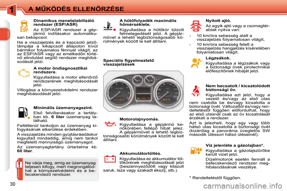 Peugeot 308 SW BL 2009.5  Kezelési útmutató (in Hungarian) !
�3�0
�A� �MB�K�Ö�D�É�S� �E�L�L�E�N4�R�Z�É�S�E� � � �A� �m�o�t�o�r� �ö�n�d�i�a�g�n�o�s�z�t�i�k�a�i�  
�r�e�n�d�s�z�e�r�e�.�  
� � �K�i�g�y�u�l�l�a�d�á�s�a�  �a�  �m�o�t�o�r�  �e�l�l�e�n5�r�z