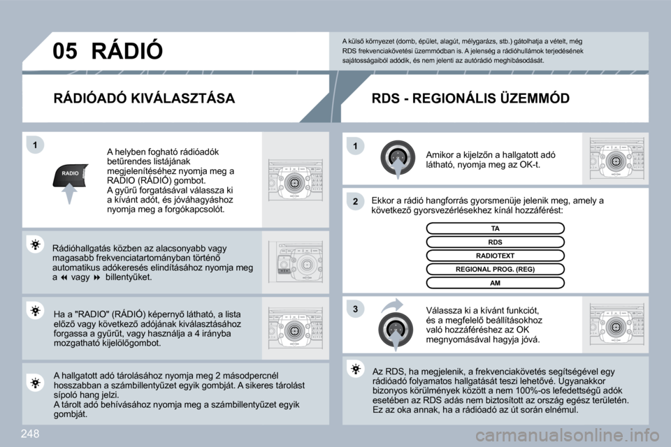 Peugeot 308 SW BL 2009.5  Kezelési útmutató (in Hungarian) 248
RADIO
�1�1
�2
�3
�0�5
� � �R�Á�D�I�Ó�A�D�Ó� �K�I�V�Á�L�A�S�Z�T�Á�S�A� 
� � �A�m�i�k�o�r� �a� �k�i�j�e�l�z5�n� �a� �h�a�l�l�g�a�t�o�t�t� �a�d�ó� �l�á�t�h�a�t�ó�,� �n�y�o�m�j�a� �m�e�g� �a�