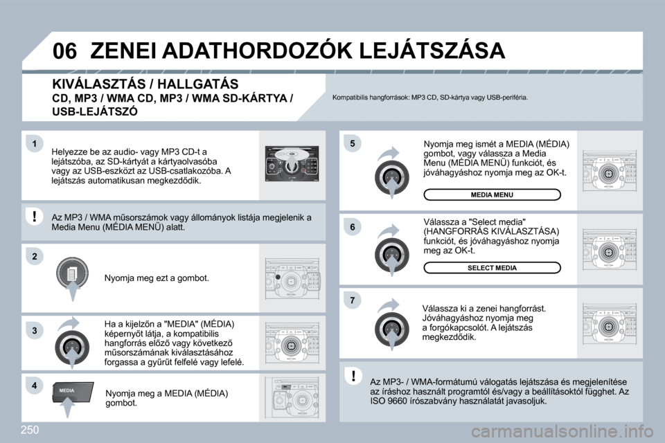 Peugeot 308 SW BL 2009.5  Kezelési útmutató (in Hungarian) 250
�4
�5
�6
�2
�7
�3
�1
MEDIA
�0�6
2
ABC 3
DEF
5
JKL
4
GHI 6
MNO
8
TUV
7
PQRS 9
WXYZ
0
* #
1
RADIO MEDIA
NAV ESC TRAFFIC
SETUP
ADDRBOOK
� � �K�I�V�Á�L�A�S�Z�T�Á�S� �/� �H�A�L�L�G�A�T�Á�S� � 
�C�D�