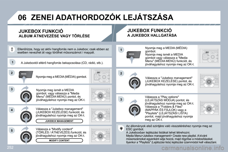 Peugeot 308 SW BL 2009.5  Kezelési útmutató (in Hungarian) 252
�3�3
�2�2MEDIA
�3�3
�4�4
�5�5
�2�2
MEDIA�1
�1�1
�0�6
� � �N�y�o�m�j�a� �m�e�g� �a� �M�E�D�I�A� �(�M�É�D�I�A�)� �g�o�m�b�o�t�.� � �N�y�o�m�j�a� �m�e�g� �i�s�m�é�t� �a� �M�E�D�I�A� �g�o�m�b�o�t� �