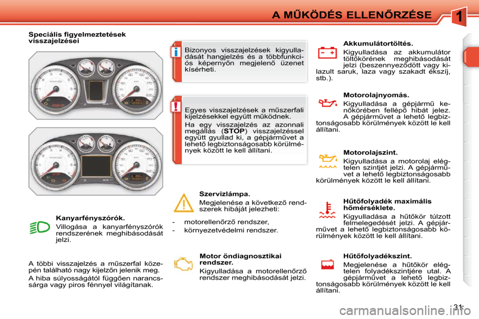 Peugeot 308 SW BL 2009.5  Kezelési útmutató (in Hungarian) i
!
�3�1
�A� �MB�K�Ö�D�É�S� �E�L�L�E�N4�R�Z�É�S�E
� �B�i�z�o�n�y�o�s�  �v�i�s�s�z�a�j�e�l�z�é�s�e�k�  �k�i�g�y�u�l�l�a�- 
�d�á�s�á�t�  �h�a�n�g�j�e�l�z�é�s�  �é�s�  �a�  �t�ö�b�b�f�u�n�k�c�