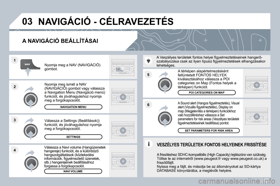 Peugeot 308 SW BL 2009.5  Kezelési útmutató (in Hungarian) 281
�5 
�6
�3
�2
�1
�4
�0�3
� � �A� �N�A�V�I�G�Á�C�I�Ó� �B�E�Á�L�L�Í�T�Á�S�A�I� 
� � �A� �S�o�u�n�d� �a�l�e�r�t� �(�H�a�n�g�o�s� �ﬁ� �g�y�e�l�m�e�z�t�e�t�é�s�)�,� �V�i�s�u�a�l� �a�l�e�r�t� �(�