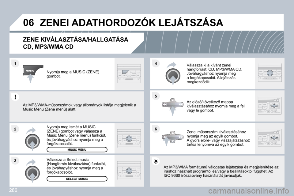 Peugeot 308 SW BL 2009.5  Kezelési útmutató (in Hungarian) 286
�0�6
�6
�4 
�5
�3
�2
�1
� � � � � � � � � � �Z�E�N�E� �K�I�V�Á�L�A�S�Z�T�Á�S�A�/�H�A�L�L�G�A�T�Á�S�A� � 
�C�D�,� �M�P�3�/�W�M�A� �C�D� 
� �A�z� �M�P�3�/�W�M�A� �f�o�r�m�á�t�u�m�ú� �v�á�l�o�g