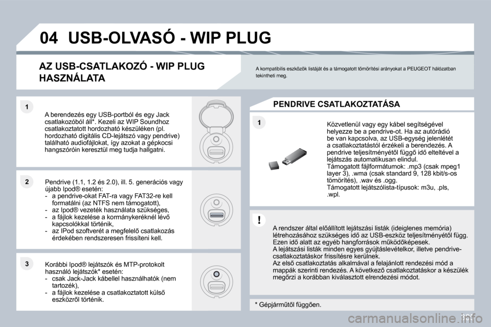 Peugeot 308 SW BL 2009.5  Kezelési útmutató (in Hungarian) 305
�1
�1�1
�2�2
�3�3
�0�4� �U�S�B�-�O�L�V�A�S�Ó� �-� �W�I�P� �P�L�U�G� 
� � �A� �r�e�n�d�s�z�e�r� �á�l�t�a�l� �e�l5�á�l�l�í�t�o�t�t� �l�e�j�á�t�s�z�á�s�i� �l�i�s�t�á�k� �(�i�d�e�i�g�l�e�n�e�s