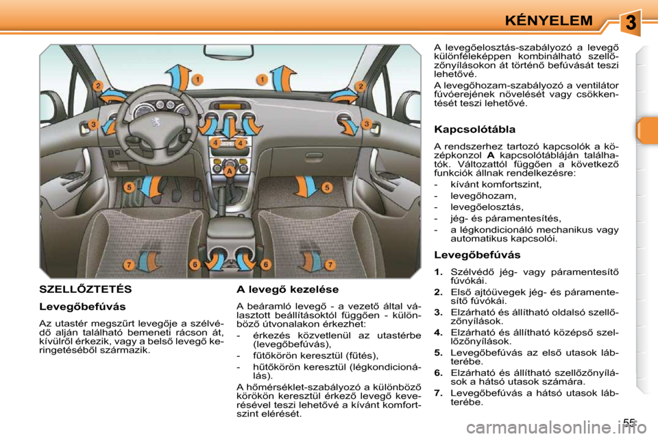 Peugeot 308 SW BL 2009.5  Kezelési útmutató (in Hungarian) 55
KÉNYELEM
� � � � � � � �S�Z�E�L�L4�Z�T�E�T�É�S� � � �A� �l�e�v�e�g5� �k�e�z�e�l�é�s�e�  
� �A�  �b�e�á�r�a�m�l�ó�  �l�e�v�e�g5�  �-�  �a�  �v�e�z�e�t5�  �á�l�t�a�l�  �v�á�- 
�l�a�s�z�t�o