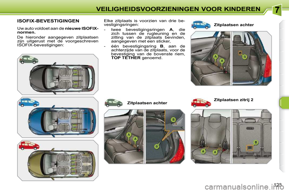 Peugeot 308 SW BL 2009.5  Handleiding (in Dutch) �1�2�3
VEILIGHEIDSVOORZIENINGEN VOOR KINDEREN
         ISOFIX-BEVESTIGINGEN 
 Uw auto voldoet aan de  nieuwe ISOFIX-
normen.   
 De  hieronder  aangegeven  zitplaatsen  
zijn  uitgerust  met  de  voor