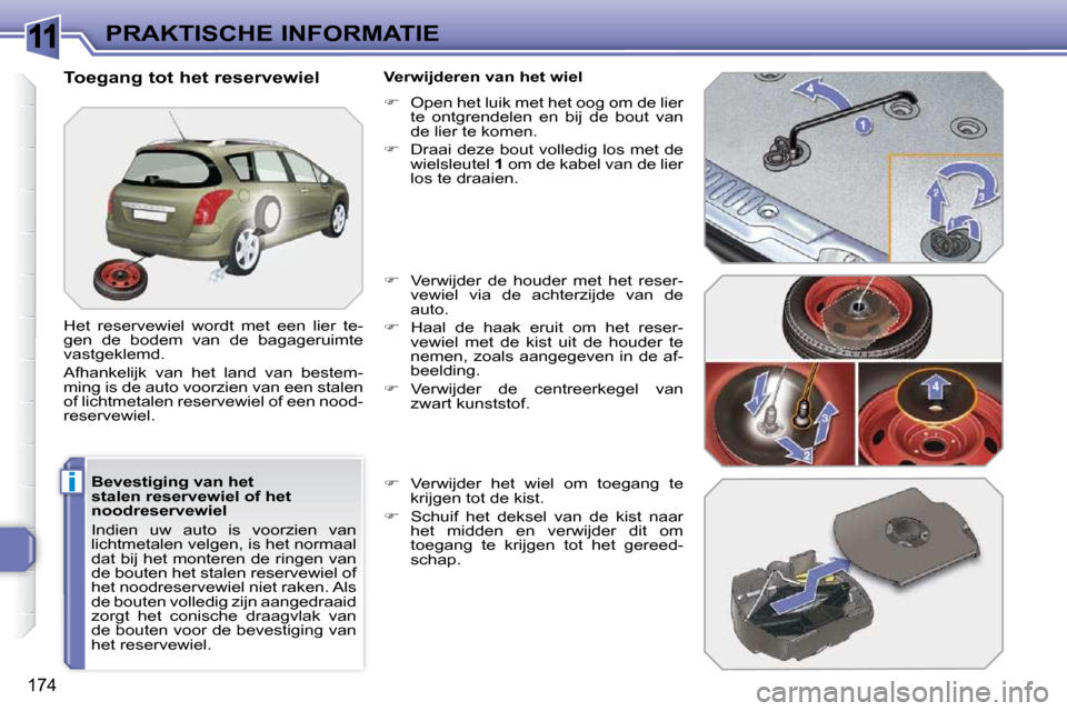 Peugeot 308 SW BL 2009.5  Handleiding (in Dutch) 11
i
174
PRAKTISCHE INFORMATIE
  Bevestiging van het  
stalen reservewiel of het 
noodreservewiel  
 Indien  uw  auto  is  voorzien  van  
lichtmetalen velgen, is het normaal 
dat bij het monteren de 