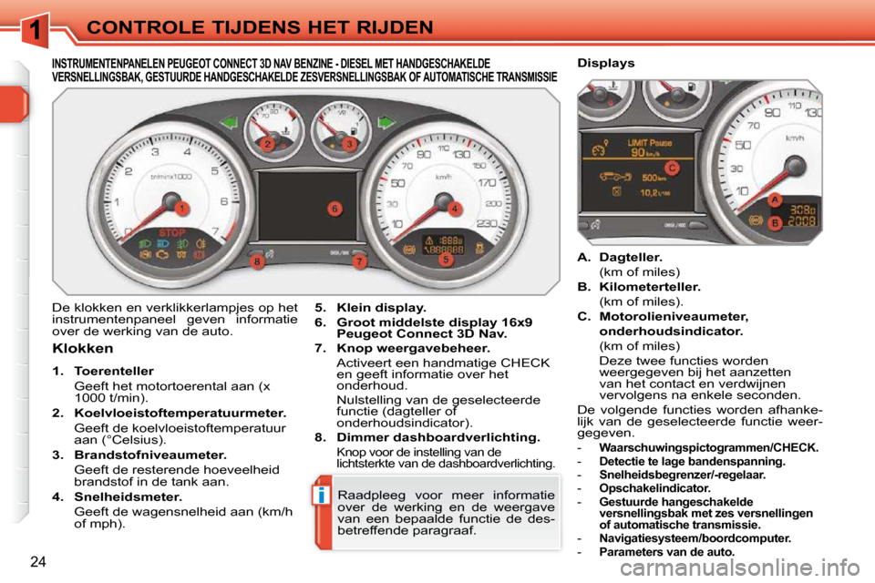 Peugeot 308 SW BL 2009.5  Handleiding (in Dutch) i
24
CONTROLE TIJDENS HET RIJDEN
INSTRUMENTENPANELEN PEUGEOT CONNECT 3D NAV BENZINE - DIESEL MET HANDGESCHAKELDE VERSNELLINGSBAK, GESTUURDE HANDGESCHAKELDE ZESVERSN ELLINGSBAK OF AUTOMATISCHE TRANSMIS