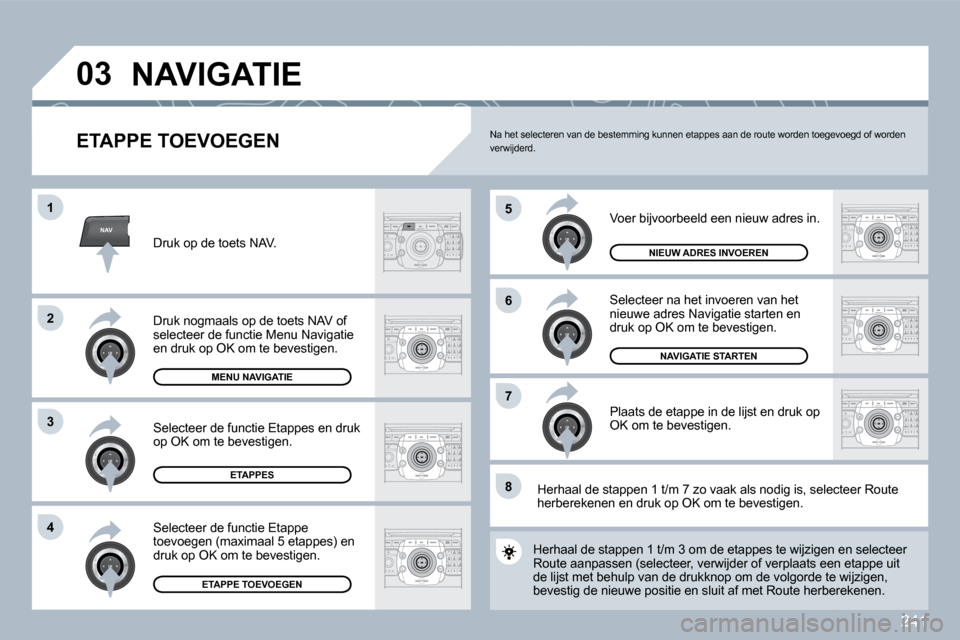 Peugeot 308 SW BL 2009.5  Handleiding (in Dutch) 241
NAV
�5
�6
�7
�1
�2
3
�4
�8
�0�3
  ETAPPE TOEVOEGEN 
 Voer bijvoorbeeld een nieuw adres in. 
 Selecteer na het invoeren van het nieuwe adres Navigatie starten en druk op OK om te bevestigen. 
 Plaa