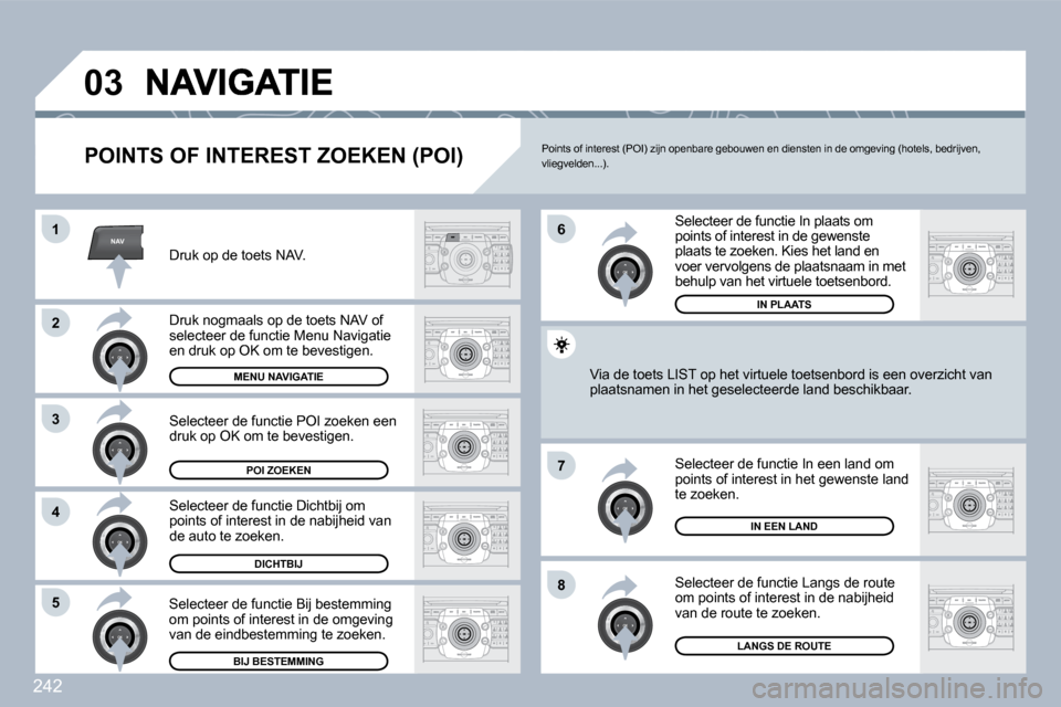 Peugeot 308 SW BL 2009.5  Handleiding (in Dutch) 242
NAV
�0�3
�1
�2
3
�4
�7
�8�5
�6
  POINTS OF INTEREST ZOEKEN (POI) 
  Druk op de toets NAV.  
  Druk nogmaals op de toets NAV of �s�e�l�e�c�t�e�e�r� �d�e� �f�u�n�c�t�i�e� �M�e�n�u� �N�a�v�i�g�a�t�i�
