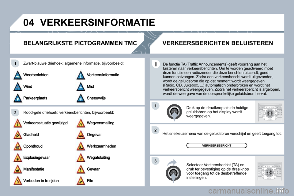 Peugeot 308 SW BL 2009.5  Handleiding (in Dutch) 247
�0�4
�2
�1
3
�2
�1
 VERKEERSINFORMATIE 
      BELANGRIJKSTE PICTOGRAMMEN TMC 
  Rood-gele driehoek: verkeersberichten, bijvoorbee
ld: 
  Zwart-blauwe driehoek: algemene informatie, bijvoorbeeld: 
