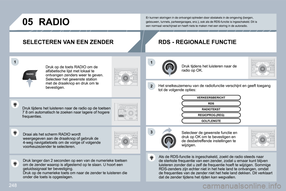 Peugeot 308 SW BL 2009.5  Handleiding (in Dutch) 248
RADIO
�1�1
�2
3
�0�5
  SELECTEREN VAN EEN ZENDER 
  Druk tijdens het luisteren naar de radio op OK.  
  Het snelkeuzemenu van de radiofunctie verschijnt en ge en geeft toegang tot de volgende opti