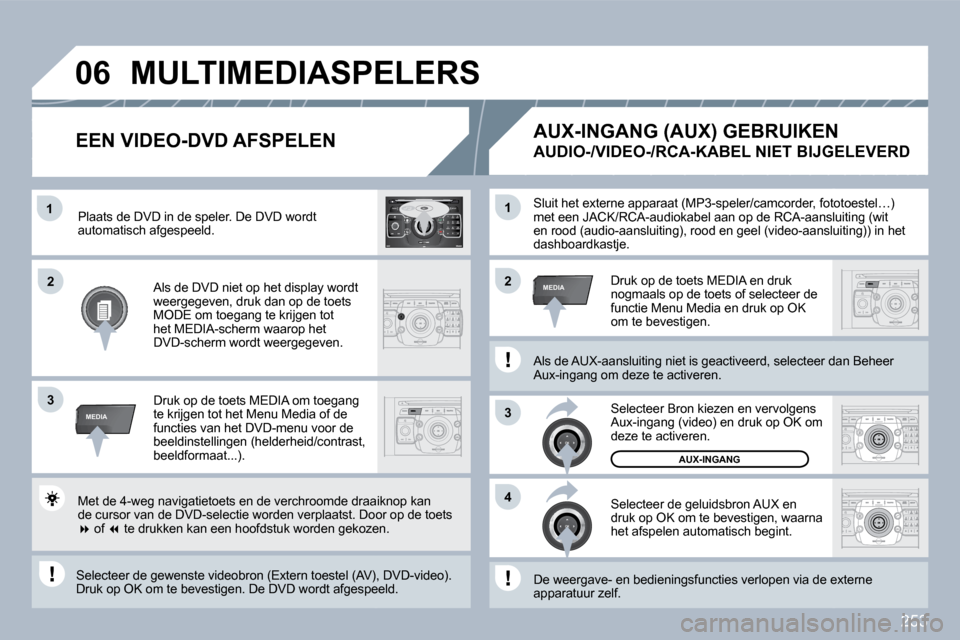 Peugeot 308 SW BL 2009.5  Handleiding (in Dutch) 253
�1
3
�4
�2�2
3
MEDIA
�1
MEDIA
�0�6
2
ABC 3
DEF
5
JKL
4
GHI 6
MNO
8
TUV
7
PQRS 9
WXYZ
0
* #
1
RADIO MEDIA
NAV ESC TRAFFIC
SETUP
ADDRBOOK� �S�l�u�i�t� �h�e�t� �e�x�t�e�r�n�e� �a�p�p�a�r�a�a�t� �(�M�