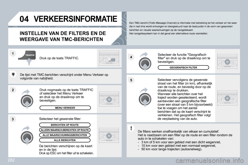 Peugeot 308 SW BL 2009.5  Handleiding (in Dutch) 282
�2
�1
�3 �4
�5
�0�4� �V�E�R�K�E�E�R�S�I�N�F�O�R�M�A�T�I�E� 
� � � � � � � � �I�N�S�T�E�L�L�E�N� �V�A�N� �D�E� �F�I�L�T�E�R�S� �E�N� �D�E� 
�W�E�E�R�G�A�V�E� �V�A�N� �T�M�C�-�B�E�R�I�C�H�T�E�N� 
  