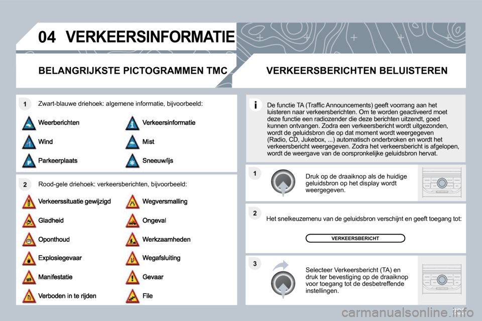 Peugeot 308 SW BL 2009.5  Handleiding (in Dutch) 283
�0�4
�2
�1
�3
�2
�1
� �V�E�R�K�E�E�R�S�I�N�F�O�R�M�A�T�I�E� 
� � � � � � �B�E�L�A�N�G�R�I�J�K�S�T�E� �P�I�C�T�O�G�R�A�M�M�E�N� �T�M�C� 
  Rood-gele driehoek: verkeersberichten, bijvoorbee
ld: 
  Z