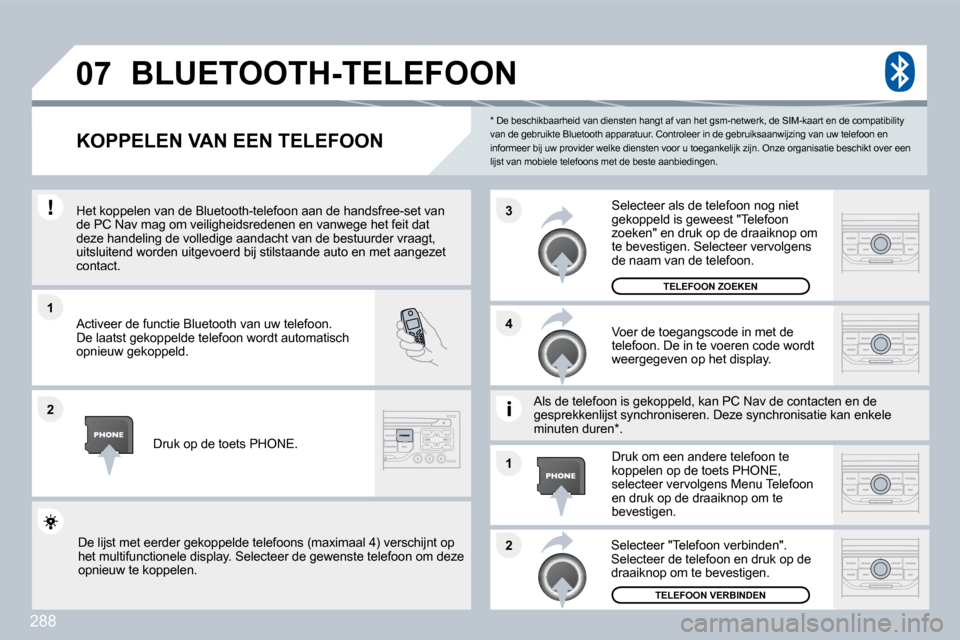 Peugeot 308 SW BL 2009.5  Handleiding (in Dutch) 288
�1
�2
�3
�2
�1
�4
�0�7
  *   De beschikbaarheid van diensten hangt af van 
het gsm-netwerk, de SIM-kaart en de compatibility van de gebruikte Bluetooth apparatuur. Controleer i n de gebruiksaanwij